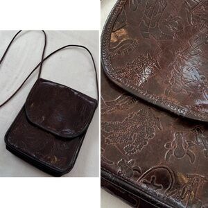 Carlos Falchi Western Leather Brown Embossed Crossbody Bag